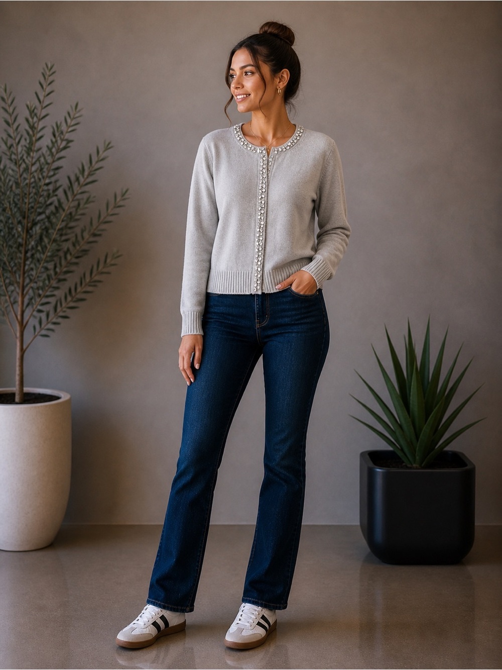 Kaos Beige-Gray Rhinestone Wool Cardigan